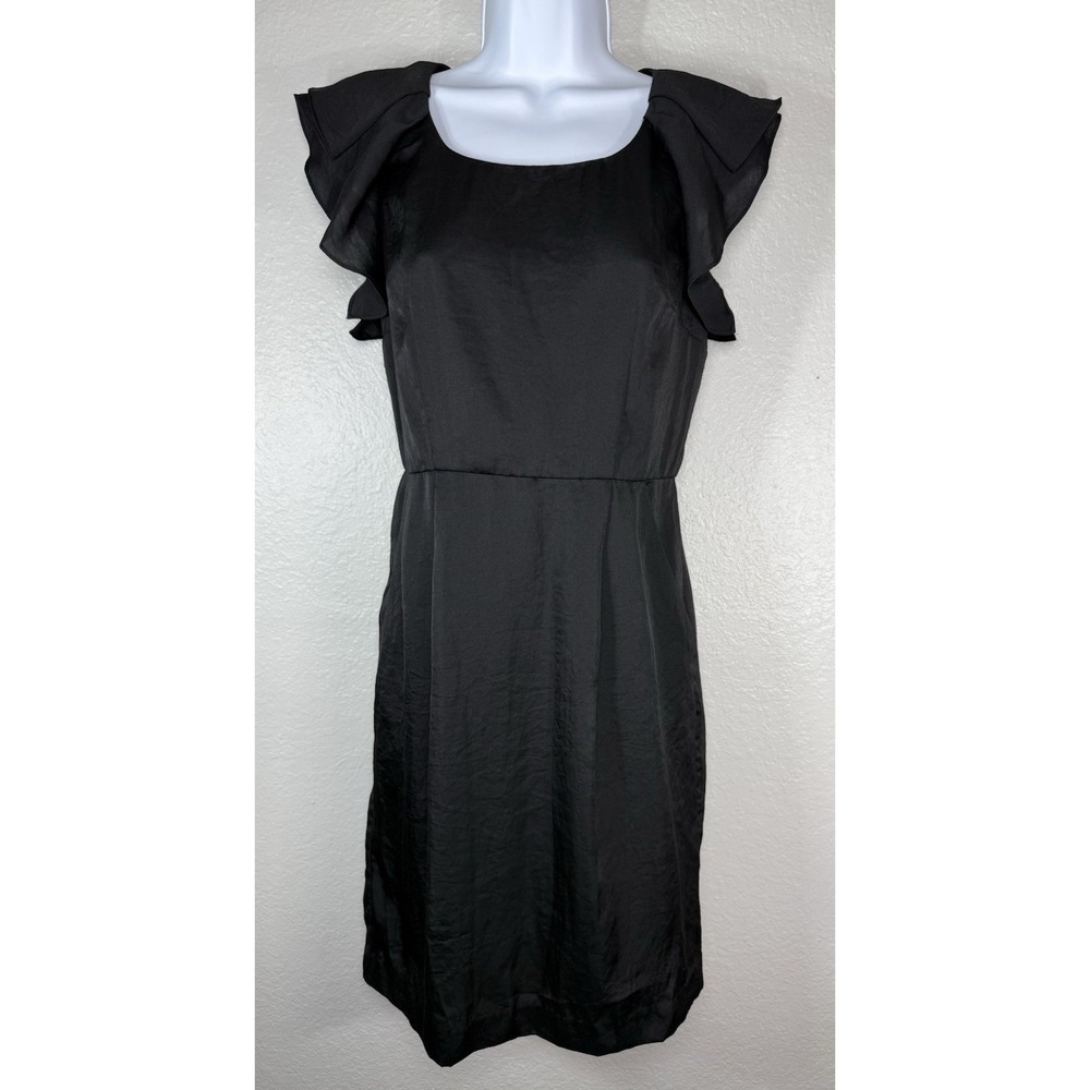 Ann Taylor LOFT Women's Black Satin Sheath Dress Flutter Sleeves Size 0